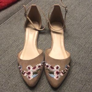 Nude floral embroidered ankle strap flats